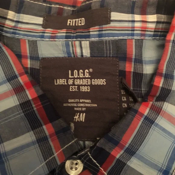 H&M L.O.G.G. Fitted Plaid Long Sleeve Button Down Shirt red white blue size XL - Picture 5 of 5